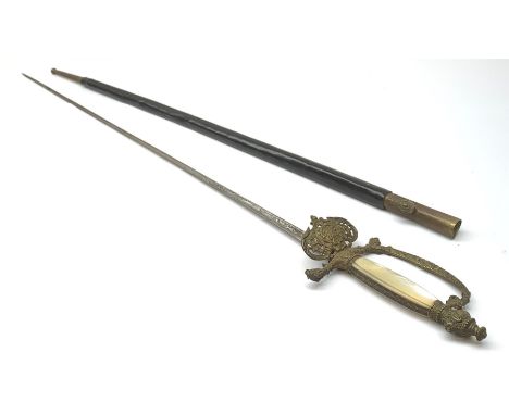 19th century continental dress sword, the 78cm triangular blade with scrolling decoration and battle trophies, cast and pierc