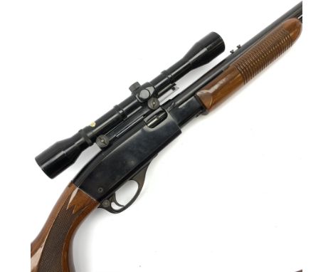 Remington Fieldmaster Model 572 rim-fire .22 pump action seventeen-shot long rifle with Nikko Stirling 4x scope, barrel threa