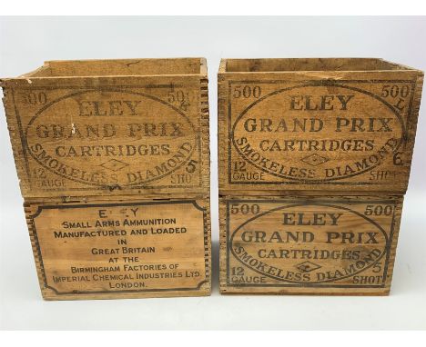 Four vintage Eley cartridge wooden crates each with stencilled decoration 35 x 24 x 23cm; now containing old used metal cartr