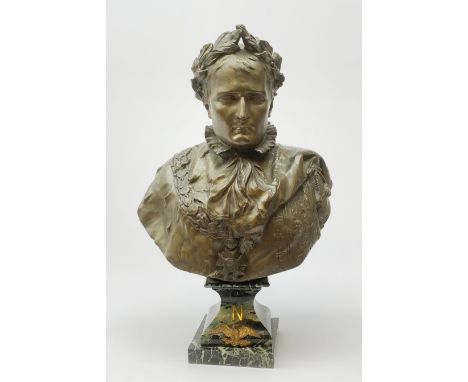 After R. Nannini, large bronzed spelter head and shoulder bust of Napoleon wearing a laurel wreath, on variegated green marbl