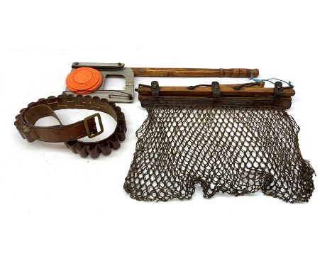 Gamekeeper's wooden game carrier with leather and netting bag under, the swivel handle impressed R. Rudgard, L47cm; Bisley ga