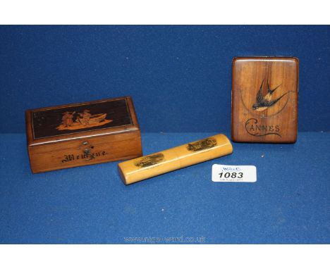 An olive wood pocket Watch Case, Mauchline needle Case with images of Chepstow and Tintern Abbey and a marquetry Stamp Box