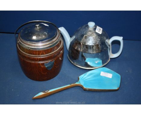 An art deco Everhot insulated Teapot with chrome cover, a vintage Oak Ice bucket with chrome mounts and an early 20th c. enam