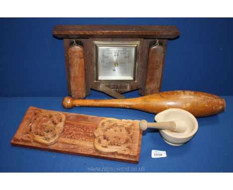 A quantity of miscellanea including folding book shelf, wooden club, thermometer on wooden stand with two clothes brushes, pe