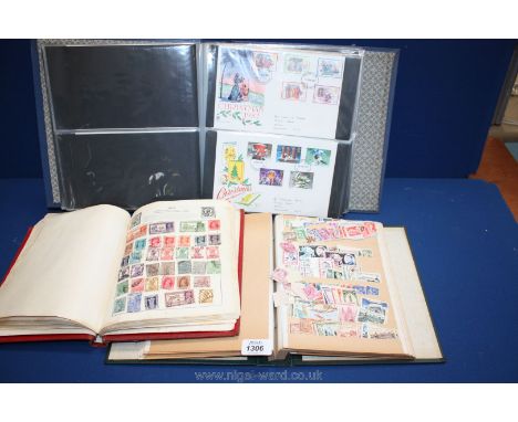 A blue file of First Day Covers, together with a red Quickchance Stamp Album containing foreign stamps and a Stock book.