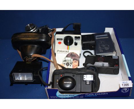 A collection of cameras and accessories including an Ansco camera, Polaroid land camera, etc and an Aiwa portable cassette ra