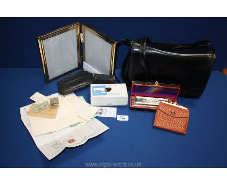 A Jane Shilton handbag, two purses, some pre -decimal coins, double photograph frame, boxed Harmonica, etc.