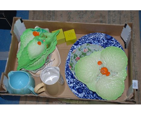 A blue and white meat Platter, four cabbage leaf Dishes including Crown Devon, Midwinter and Beswick, Carlton Ware salt and p