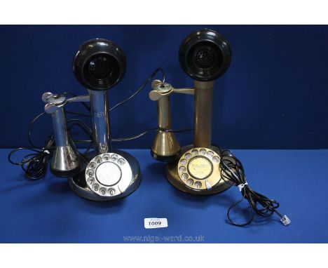 Two vintage style Telephones, one brass, one chrome, wired to work on BT sockets
