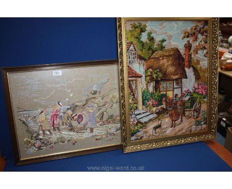 A large Tapestry of a Bucolic scene depicting thatched cottage, pony and trap scene, 20 1/2" x 26 1/2" in ornate gilt frame; 