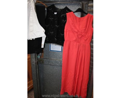 A quantity of vintage clothing including Evening gown, beaded jumper, Gent's evening suit trousers and two 'White Tie' Waistc