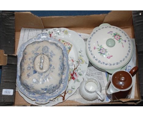 A collection of English china items including two Spode 'Olympus' vegetable tureens, Ford & co chintz pin dish, Coalport mask