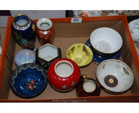 A quantity of china including red Crown Devon Vase and two small bowls, Carlton ware Bowl and Vase along with Spode, Aynsley 