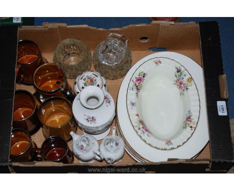 Miscellaneous china including Roanoke Royal Worcester dish, six large Pall Mall oval steak plates, miscellaneous tankards, et