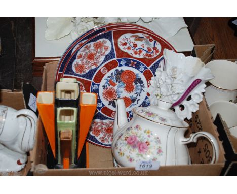 Three Chinese imari style Plates, art deco Spill Vase, Sadler Teapot, etc.