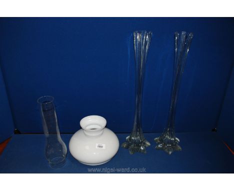 Two glass lily Vases, 20" tall and an Oil Lamp funnel and shade