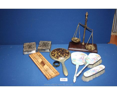 A small set of brass Postal Scales to weigh 50 grams, wooden cribbage board, hand mirror, brush, etc.