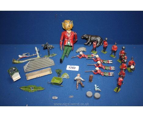 A box of vintage lead soldiers, farm figures including Mr. Turnip head, etc