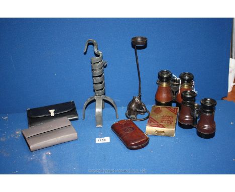 A leather cigar case, boxed Post Office savings bank and various purses, spiral candlestick, pair of vintage binoculars, etc.