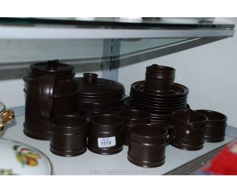 A brown Portmeirion six setting Teaset including teapot, sugar bowl, milk jug and lidded vegetable dish