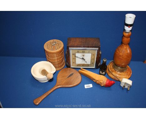 A small quantity of miscellanea including Smiths mantle Clock, coasters, hand mirror, table lamp, pestle and mortar, etc.