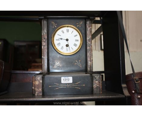 A late Victorian black slate and marble Mantle Clock with gold painted scratched detail, white Roman numeral face with brass 