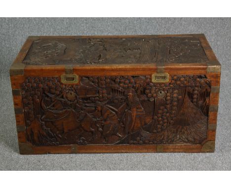 Travelling trunk, vintage Chinese carved camphorwood. H.50 W.105 D.53cm. 