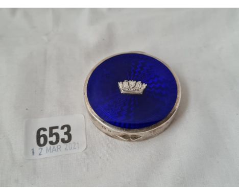 A circular enamel topped pill box with coronet 2 inches dia Birmingham 1929