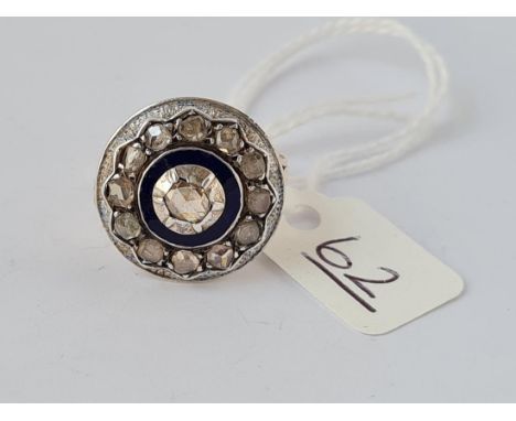 A LARGE GEORGIAN ROSE DIAMOND &amp; ENAMEL CLUSTER RING - SILVER SET / HIGH CARAT SHANK - size N