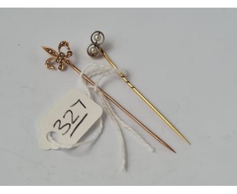 Two pearl topped stick pins - 1 x 15ct gold