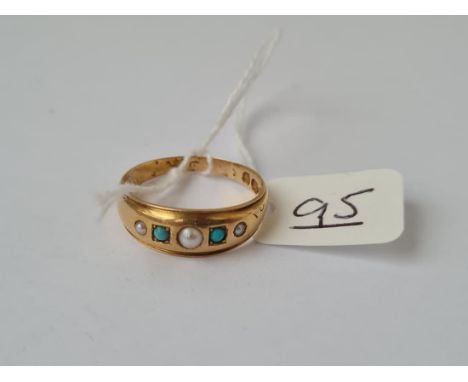 An antique gypsy ring set with turquoise &amp; pearls in 18ct gold - size Q - 3.4gms