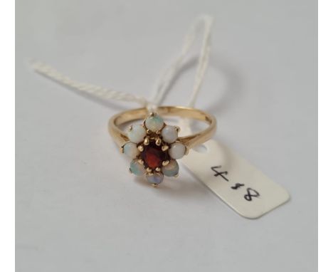 A vintage opal &amp; garnet cluster ring in 9ct - size P - 2.6gms