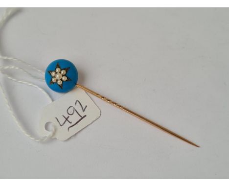 A good turquoise enamalled &amp; pearl stick pin&nbsp;