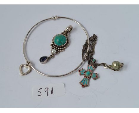 A silver bangle, bracelet &amp; cross