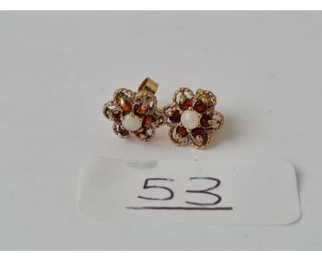 A pair of opal &amp; garnet stud earrings in 9ct - hallmarked on stems