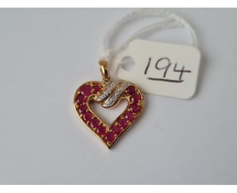 A ruby &amp; diamond set heart pendant in 9ct - 3.3gms