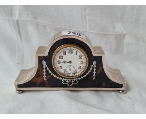 A silver and tortoise shell mantel clock with damaged dial and movement 6 inches wide Birmingham 1920