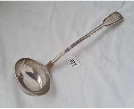 A heavy Victorian fiddle thread and shell crested soup ladle London 1867 by HL 365 gms