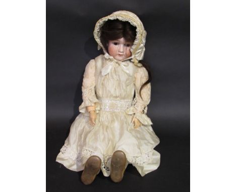 A bisque head composition body Handwerck, Germany girl doll in cream silk original dress, sleeping eyes, teeth showing, 27" t