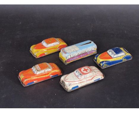 Five English tinplate cars; school bus, Fire Chief, Police, Ambulance and Redline Taxi, all played with