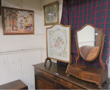 A tapestry firescreen, mahogany toilet mirror, print and a framed photograph (4) Condition Report: Available upon request