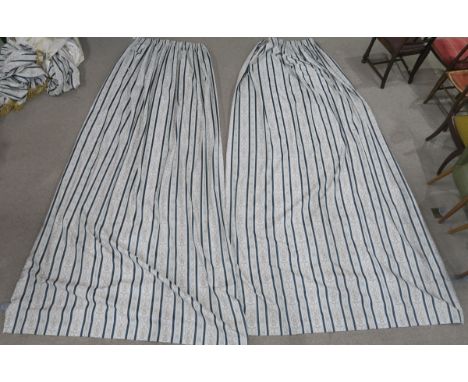 Two pairs of floral striped curtains, 185cm wide x 332cm drop and 260cm wide x 346cm drop with matching pelmets, 400cm wide x