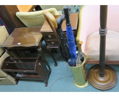 A mahogany two drawer bedside, nest of tables, standard lamp, magazine rack, brass stick stand with contents Condition Report