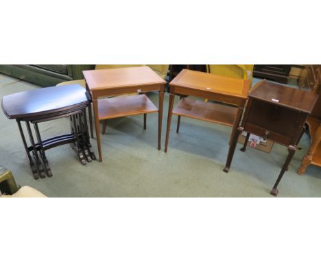 A pair of teak side tables, mahogany nest of tables, box of books, CD rack and a sewing table (5) Condition Report: Available