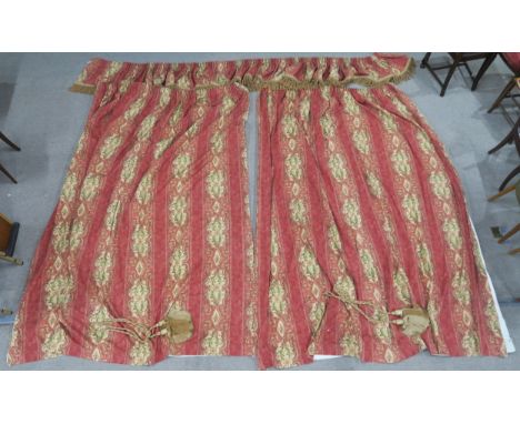 A pair of red floral curtains 267cm wide x 270cm drop with matching tie backs and pelmet,335cm wide x 50cm drop Condition Rep