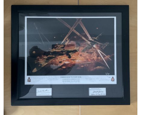 Corkscrew To Port Now - A Lancaster avoiding A Ju 88, 3rd December 1944. Ops Leipzie. By Reg Payne .signed by 8 including Sir