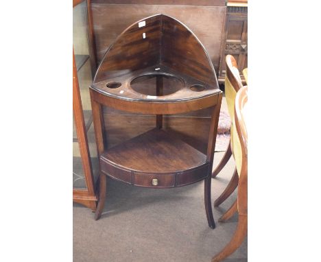 19th century mahogany corner wash stand with galleried back and three apertures over a base shelf with single frieze drawer r