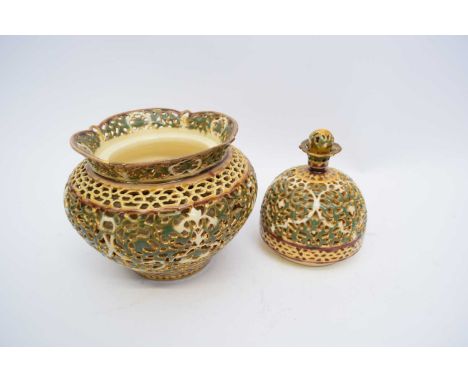 Hungarian Zsolnay Pecs vase and cover with typical reticulated decoration in green and gilt