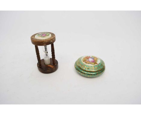 Small Limoges porcelain box and cover together with a egg timer with inlaid porcelain panels (2)