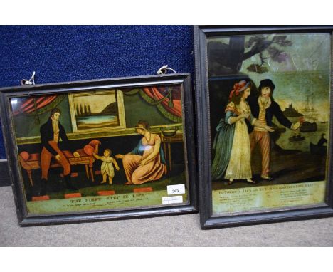 Two 19th century prints on glass, 'The First Step in Life' and 'The Token of Jack's safe return to his true love, Nancy', lar